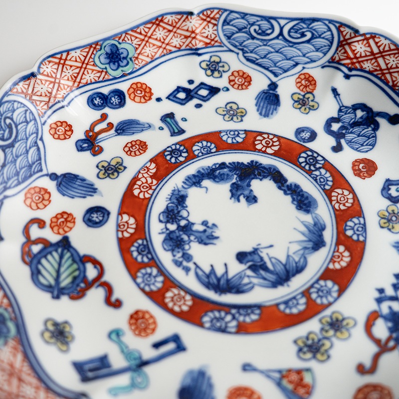 【個展商品】[別注] 七寸輪花皿色絵宝文　萠窯