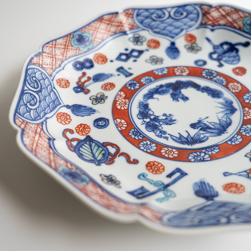 【個展商品】[別注] 七寸輪花皿色絵宝文　萠窯