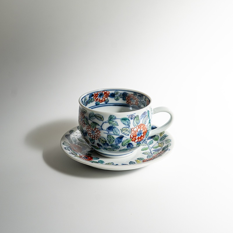 【個展】珈琲碗色絵回花文（カップアンドソーサー）　萠窯