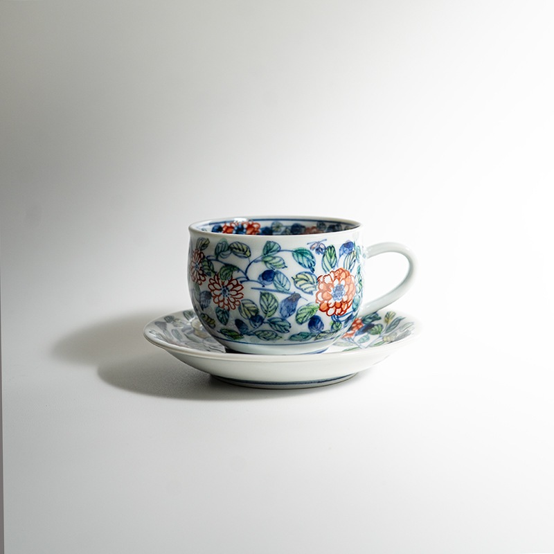 【個展】珈琲碗色絵回花文（カップアンドソーサー）　萠窯