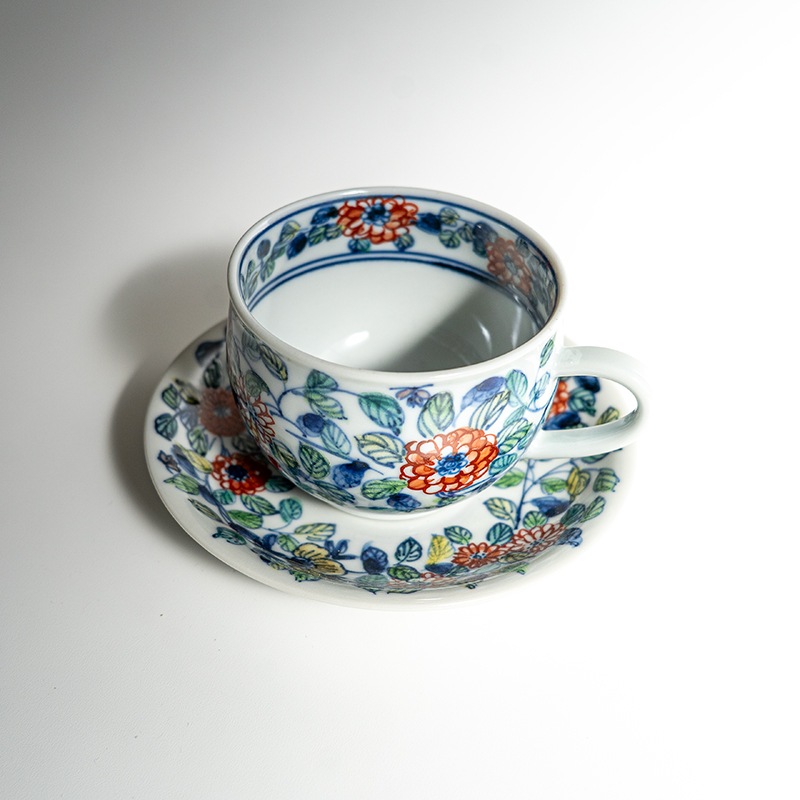 【個展】珈琲碗色絵回花文（カップアンドソーサー）　萠窯