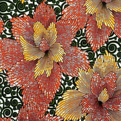 アフリカンプリント生地　0.5m(50cm)単位 AP-12211 ハイビスカス 朱色 深緑