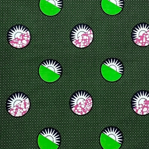アフリカンプリント生地 0.5m(50cm)単位 AP-12286 太陽 日の出 水玉 深緑 カーキ
