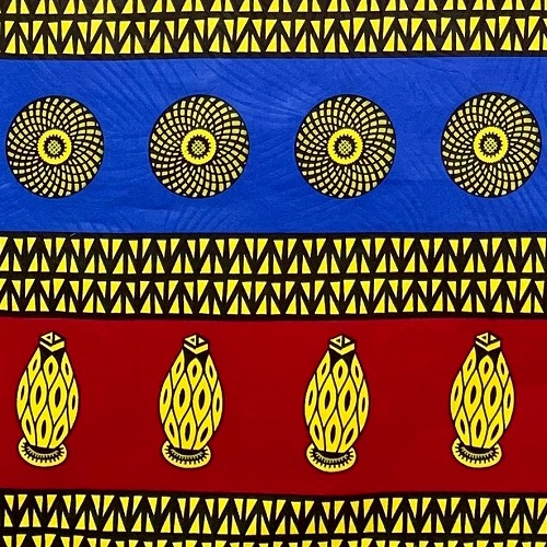 アフリカンプリント生地 0.5m(50cm)単位 AP-12377 壺 小水紋 えんじ 青 黄 黒