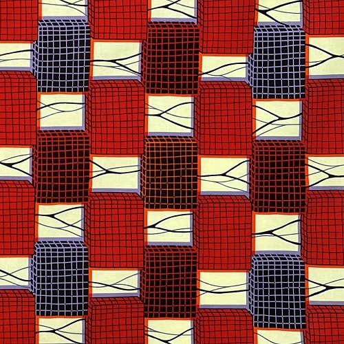 アフリカンプリント生地　0.5m(50cm)単位 AP-12405 立方体 3D 赤 濃紺