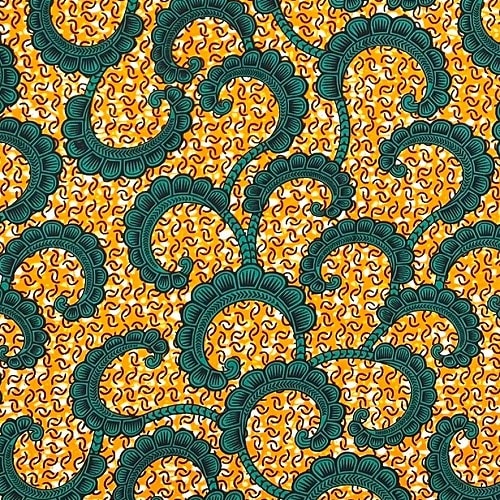 アフリカンプリント生地　0.5m(50cm)単位 AP-12433　レース 唐草 オレンジ 青緑