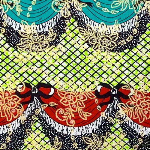 アフリカンプリント生地　0.5m(50cm)単位 AP-12485 リボン カーテン 金ラメ 赤