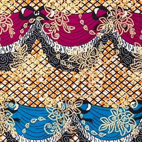 アフリカンプリント生地　0.5m(50cm)単位 AP-12486 リボン カーテン 金ラメ ピンク