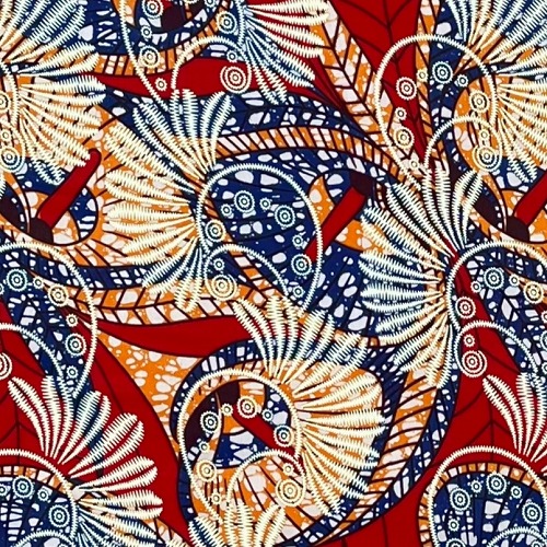 アフリカンプリント生地　0.5m(50cm)単位 AP-12492 カラー 花 赤地 刺繍風