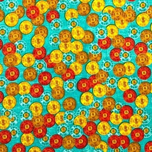 アフリカンプリント生地　0.5m(50cm)単位 AP-12493 コイン 金貨 グリーン地 赤