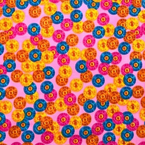 アフリカンプリント生地　0.5m(50cm)単位 AP-12495 コイン 金貨 ピンク地