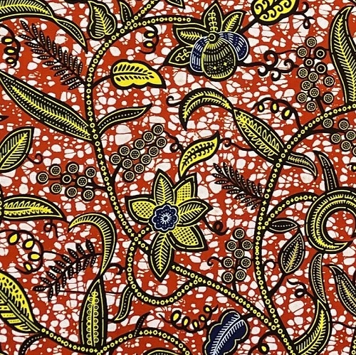 ＜sale＞アフリカンプリント生地 0.5m(50cm)単位 AP-12749 つる性野の草花 黄色 朱色地