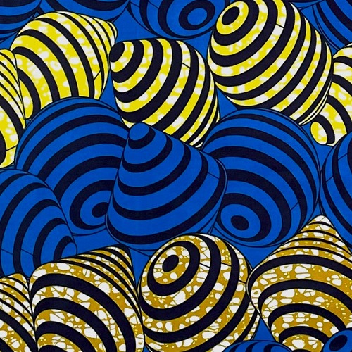 ＜sale＞アフリカンプリント生地 0.5m(50cm)単位 AP-12765 横縞のコマ 恐竜の卵 青 黄色