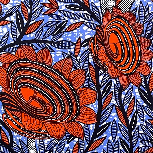 ＜sale＞アフリカンプリント生地 0.5m(50cm)単位 AP-12776 大小の渦巻き花 濃い朱色