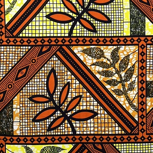 ＜sale＞アフリカンプリント生地 0.5m(50cm)単位 AP12823　シャドーリーフ 葉っぱ オレンジ