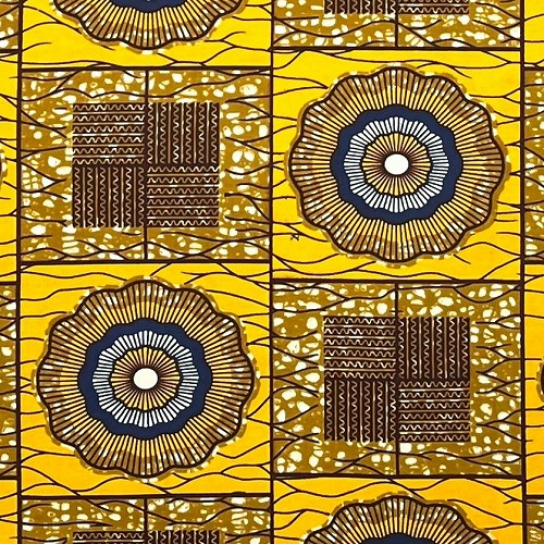 ＜sale＞アフリカンプリント生地　0.5m(50cm)単位 AP-12830　蓄音機 格子 黄色