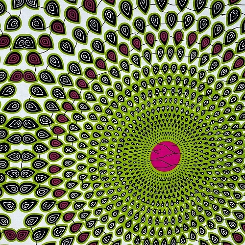アフリカンプリント生地 0.5m(50cm)単位 AP-12849 孔雀羽根丸 白地 ピンク黄緑