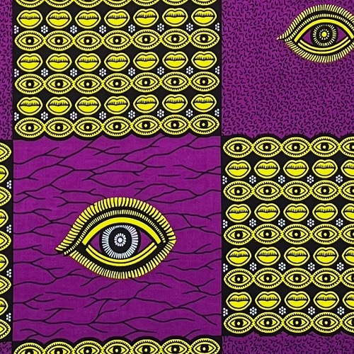 ＜sale＞アフリカンプリント生地 0.5m(50cm)単位 AP-12851 神の眼 見る目 話す口 紫 黄色