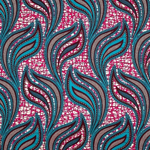 アフリカンプリント生地 0.5m(50cm)単位 AP-12911　揺らぐ大葉 ブルーピンク