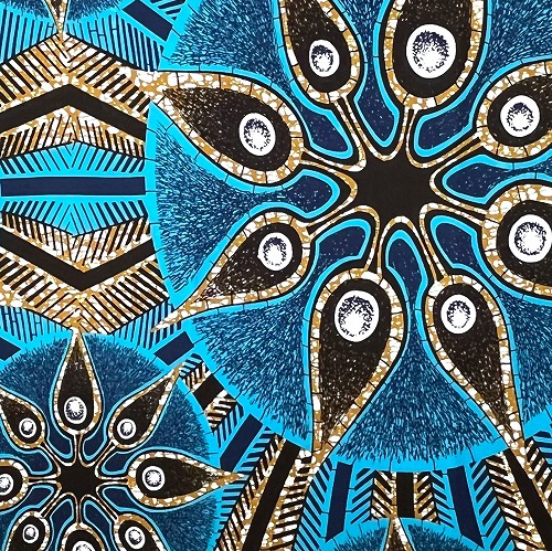 アフリカンプリント生地 0.5m単位 AP-12985　イソギンチャク幼生 水棲生物 ブルー 黒