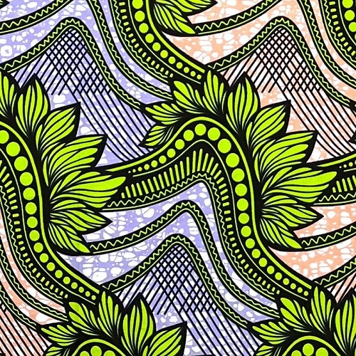 ＜sale＞アフリカンプリント生地 50cm単位 AP-13092　波に揺れる葉っぱ 黄緑 薄紫 サーモンピンク