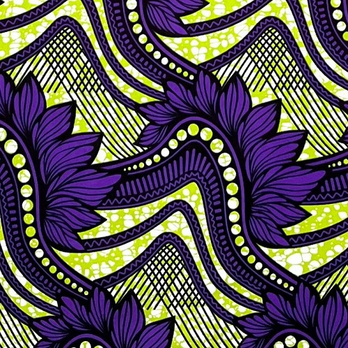 ＜sale＞アフリカンプリント生地 50cm単位 AP-13093　波に揺れる葉っぱ 紫 キミドリ