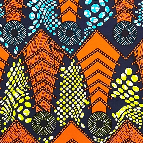 ＜sale＞アフリカンプリント生地 50cm単位 AP-13114　古の刀剣 朽ちた宝剣 蛍光オレンジ黄緑ブルー