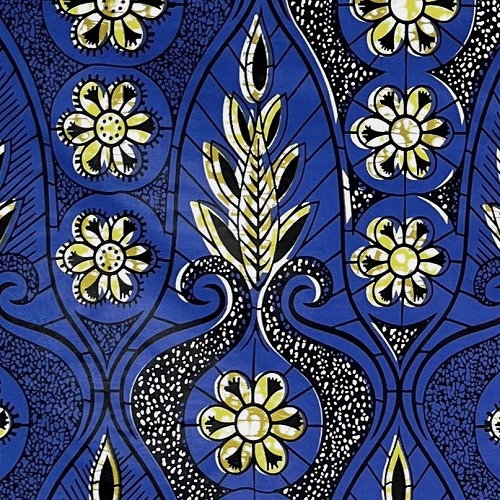 ＜sale＞アフリカンプリント生地 50cm単位 AP-13121　壺に葉っぱ 青い花園