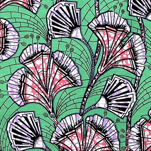 ＜sale＞アフリカンプリント生地 50cm単位 AP-13126　いちょう扇花 ねじねじおしべ ミントグリーン