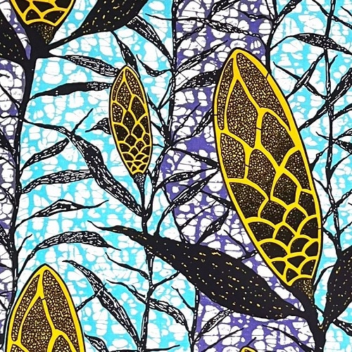 ＜sale＞アフリカンプリント生地 50cm単位 AP-13137　ガマの穂が集う水辺 黄色 黒 ブルー