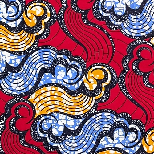 ＜sale＞アフリカンプリント生地 50cm単位 AP-13150　風雲 龍雲 渦巻雲 赤系マルチカラー