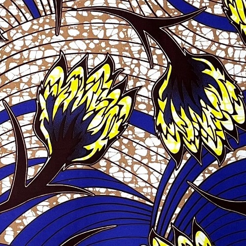 ＜sale＞アフリカンプリント生地 50cm単位 AP-13174　水流に遊ぶ花 青 こげ茶