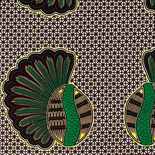 アフリカンプリント生地 50cm単位 AP-13208　ヤシの実 緑 ほのかに黄色 茶系地 