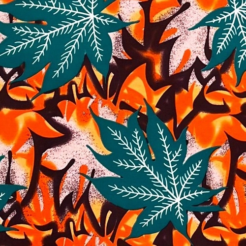 アフリカンプリント生地 50cm単位 AP-13213　メープル 楓 秋の葉っぱ 青緑 派手オレンジ