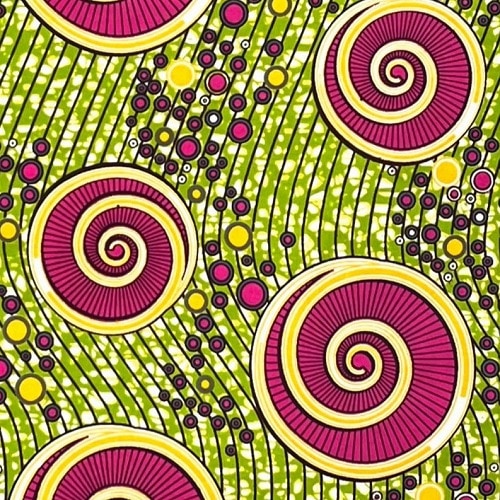 アフリカンプリント生地 50cm単位 AP-13196　渦巻き 水泡 ピンク 黄色 キミドリ地	