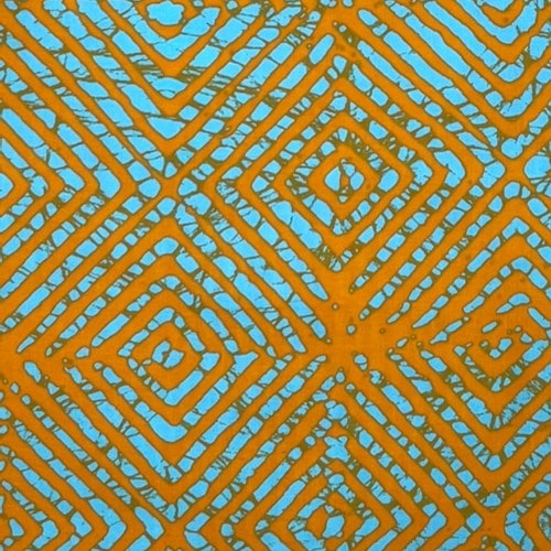 アフリカンプリント生地 50cm単位 AP-13233  スクエアバティック 蛍光オレンジｘサックス