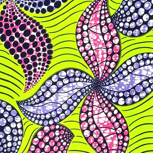 アフリカンプリント 布 生地 50cm単位 AP-13254  踊る４枚の花びら キミドリ地 モロッカン  アフリカ 布 ブロード カットクロス ハンドメイド パッチワーク エコバッグ 手芸材料 ダンス 舞台 衣装 通園通学に