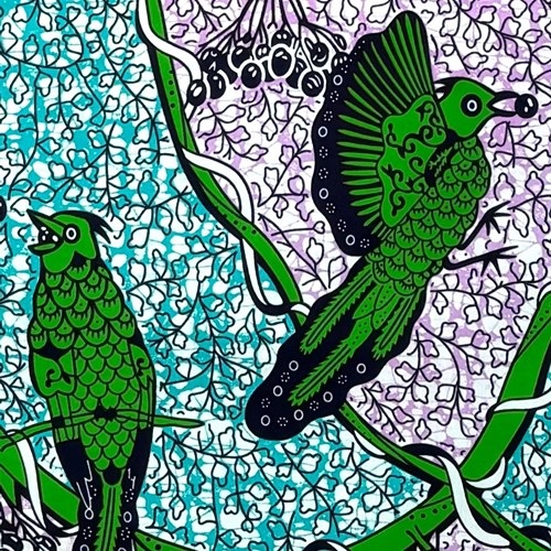 アフリカンプリント 布 生地 50cm単位 AP-13289 緑インコ 餌を