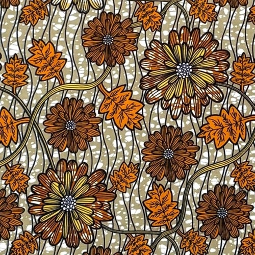 アフリカンプリント 布 生地 50cm単位 AP-13331  オレンジマーガレット ベージュ地  アフリカ 布 ブロード カットクロス ハンドメイド パッチワーク エコバッグ 手芸材料 ダンス 舞台 衣装 通園通学に