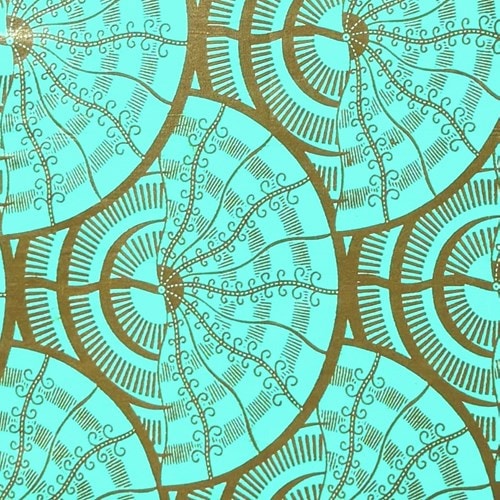 アフリカンプリント 布 生地 50cm単位 AP-13381  横波紋 アクアブルー 金茶色  アフリカ 布 ブロード カットクロス ハンドメイド パッチワーク エコバッグ 手芸材料 ダンス 舞台 衣装 通園通学に