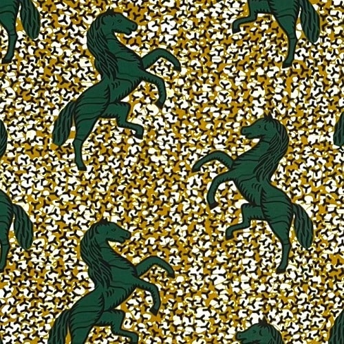 アフリカンプリント 布 生地 50cm単位 AP-13406  駿馬 駆ける馬 深緑 金茶色地  アフリカ 布 ブロード カットクロス ハンドメイド パッチワーク エコバッグ 手芸材料 ダンス 舞台 衣装 通園通学に