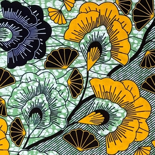 アフリカンプリント 布 生地 50cm単位 AP-13437  濃紺と山吹色の花の川  アフリカ 布 ブロード カットクロス ハンドメイド パッチワーク エコバッグ 手芸材料 ダンス 舞台 衣装 通園通学に