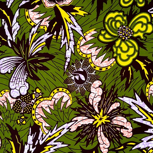 アフリカンプリント 布 生地 50cm単位 AP-13482  弾ける大輪の花々 抹茶色地 黄色  アフリカ 布 ブロード カットクロス ハンドメイド パッチワーク エコバッグ 手芸材料 ダンス 舞台 衣装 通園通学に