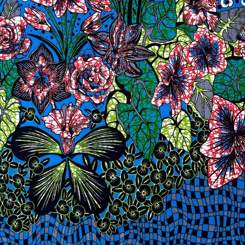 アフリカンプリント 布 生地 50cm単位 AP-13496  歪んだ時空の花壇 アクアブルーチェッカー  アフリカ 布 ブロード カットクロス ハンドメイド パッチワーク エコバッグ 手芸材料 ダンス 舞台 衣装 通園通学に