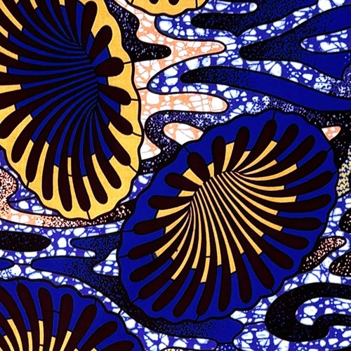 アフリカンプリント 布 生地 50cm単位 AP-13492  ラッパ朝顔 青 黄土色 焦げ茶  アフリカ 布 ブロード カットクロス ハンドメイド パッチワーク エコバッグ 手芸材料 ダンス 舞台 衣装 通園通学に