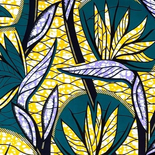 アフリカンプリント 布 生地 50cm単位 AP-13490  極楽鳥花 深緑 黄色 パープル  アフリカ 布 ブロード カットクロス ハンドメイド パッチワーク エコバッグ 手芸材料 ダンス 舞台 衣装 通園通学に