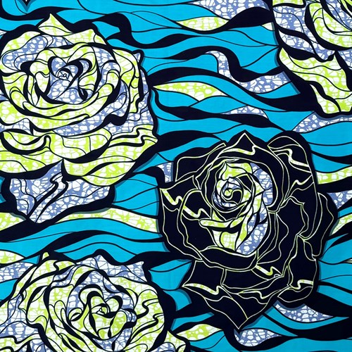 アフリカンプリント 布 生地 50cm単位 AP-13520　流水に大輪の薔薇 ブルーグリーン地  アフリカ 布 ブロード カットクロス ハンドメイド パッチワーク エコバッグ 手芸材料 ダンス 舞台 衣装 通園通学に