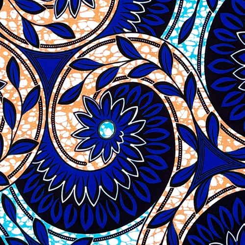 アフリカンプリント 布 生地 50cm単位 AP-13543  ぐるぐる渦巻く花と葉っぱ 青  アフリカ 布 ブロード カットクロス ハンドメイド パッチワーク エコバッグ 手芸材料 ダンス 舞台 衣装 通園通学に