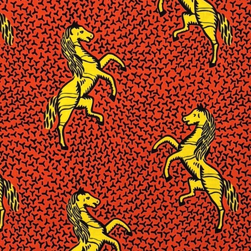 アフリカンプリント 布 生地 50cm単位 AP-13567  駿馬 駆ける馬 ラッキー黄色馬 蛍光的朱色地   アフリカ 布 ブロード カットクロス ハンドメイド パッチワーク エコバッグ 手芸材料 ダンス 舞台 衣装 通園通学に