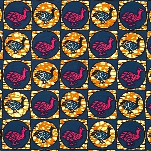 アフリカンプリント 布 生地 50cm単位 AP-13568  ホロホロ鳥の群れ 濃紺 ピンク 茶色  アフリカ 布 ブロード カットクロス ハンドメイド パッチワーク エコバッグ 手芸材料 ダンス 舞台 衣装 通園通学に